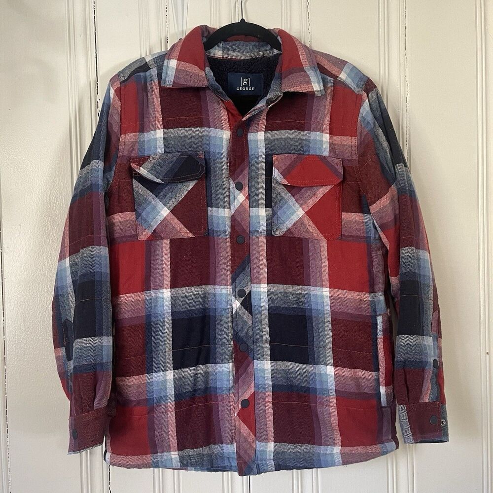 George Men Red Blue Plaid Flannel Button Up Lined Shacket Shirt Jacket Size S